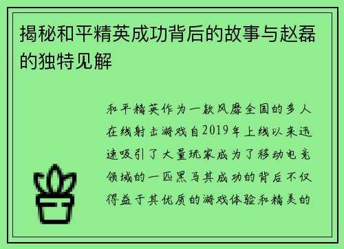 揭秘和平精英成功背后的故事与赵磊的独特见解